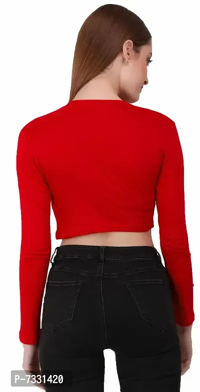 THE BLAZZE 1089 Women's Basic Sexy Solid Round Neck Slim Fit Full Sleeve Crop Top T-Shirt for Women (Large(34?-36 ), Red)-thumb5