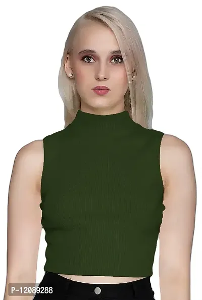 AD2CART A1748 Women's Basic Solid Turtle Neck Sleeveless Stretchable Ribbed Crop Top for Women Stylish Western