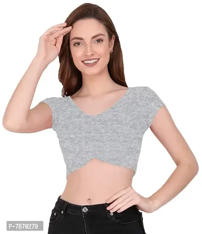 THE BLAZZE 1151 Women's Basic Sexy V Neck Slim Fit Crop Top T-Shirt for Women (X-Small, Grey)-thumb4