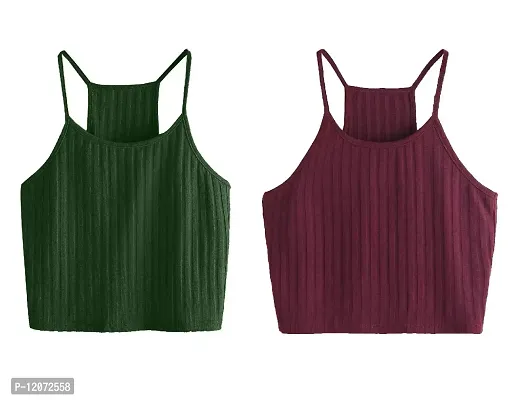 THE BLAZZE Women's Summer Basic Sexy Strappy Sleeveless Racerback Camisole Crop Top (Large, Green Maroon)