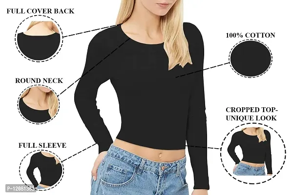 THE BLAZZE 1089 Women's Basic Sexy Solid Round Neck Slim Fit Full Sleeve Crop Top T-Shirt for Women-thumb5