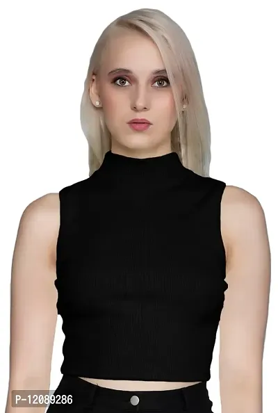 AD2CART A1748 Women's Basic Solid Turtle Neck Sleeveless Stretchable Ribbed Crop Top for Women Stylish Western-thumb0