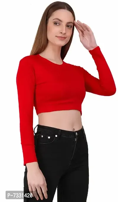 THE BLAZZE 1089 Women's Basic Sexy Solid Round Neck Slim Fit Full Sleeve Crop Top T-Shirt for Women (Large(34?-36 ), Red)-thumb4