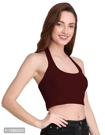 THE BLAZZE 1294 Women's Basic Sexy Solid Halter Neck Slim Fit Sleeveless Crop Top T-Shirt for Women (XX-Large, Maroon)-thumb4