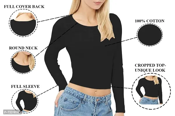 THE BLAZZE 1089 Women's Basic Sexy Solid Round Neck Slim Fit Full Sleeve Crop Top T-Shirt for Women (Large(34?-36 ), B - White)-thumb5