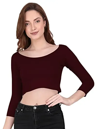 THE BLAZZE 1057 Women's Cotton Scoop Neck Full Sleeve Tank Crop Tops Bustier Bra Crop Top Bralette Readymade Saree Blouse for Women's (S, Maroon)