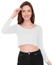 THE BLAZZE 1059 Women's Basic Sexy Solid Scoop Neck Slim Fit Full Sleeve Crop Top T-Shirt for Women (Medium(32-34), B - White)-thumb3