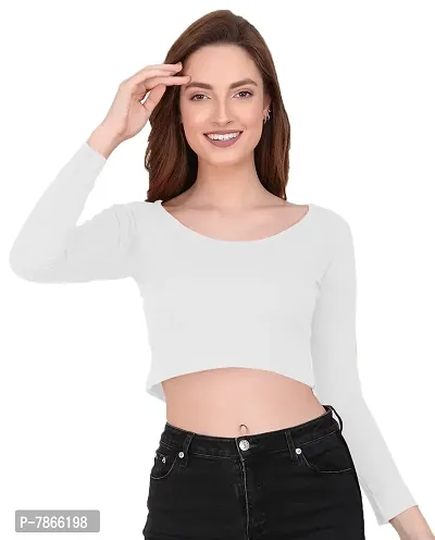 THE BLAZZE 1059 Women's Basic Sexy Solid Scoop Neck Slim Fit Full Sleeve Crop Top T-Shirt for Women (Medium(32-34), B - White)-thumb4