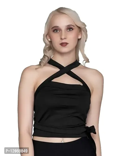 AD2CART A1728 Women's Basic Solid X Halter Neck X Back Front Tie Knot Crop Top for Women Stylish Western