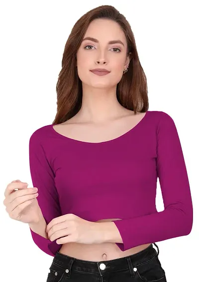 THE BLAZZE 1059 Women's Basic Sexy Solid Scoop Neck Slim Fit Full Sleeve Crop Top T-Shirt for Women (X-Large, Pink)