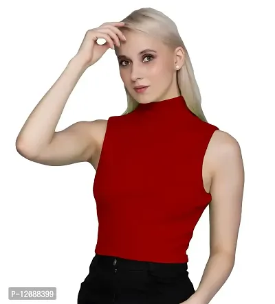 AD2CART A1749 Women's Basic Solid High Neck Sleeveless Stretchable Ribbed Crop Top for Women Stylish Western