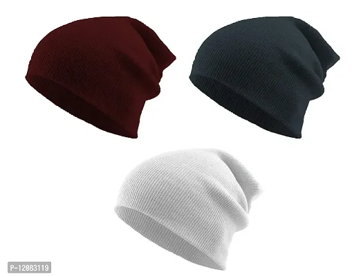 THE BLAZZE 2015 Winter Beanie Cap for Men and Women Pack Of 3 (Pack Of 3, Maroon,Navy,White)-thumb0