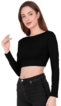 THE BLAZZE 1138 Women's Basic Sexy Solid Boat Neck Slim Fit Full Sleeve Crop Top T-Shirt for Women (Large(34?-36),A - Black)-thumb3
