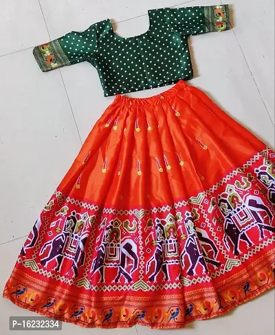 Patrani Orange Satin Colourblocked Lehenga Cholis For Girls
