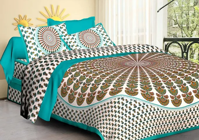 ANKIT International 100% Pure Cotton 144 TC Peacock Print Double Bedsheet Queen/King Size with 2 Pillow Cover