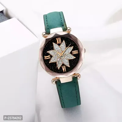 HRV Black Flower Dial Green Leather Belt Women Watch-thumb2