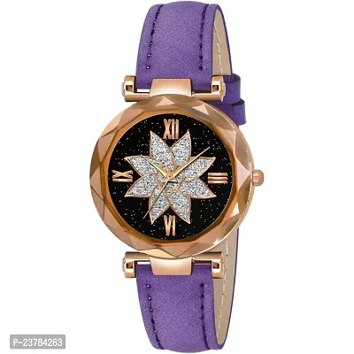 HRV Black Flower Dial Purple Leather Belt Women Watch-thumb0