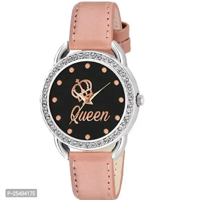 HRV New Queen Dial Diamond Silver Cash Peach Belt Women and Girls Watch-thumb0