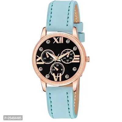 HRV Meena Black Dial RL Rose Cash SkyBlue Leather Belt Women and Girls Watch-thumb0