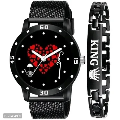 Bolun Heart Dial With King Black Bracelet PU Men And Boys Watch