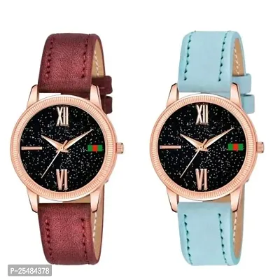 HRV Black Roman Dial Brown and SkyBlue Leather Belt Combo Women and Girls Watch