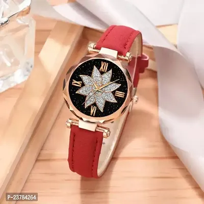 HRV Black Flower Dial Red Leather Belt Women Watch-thumb2