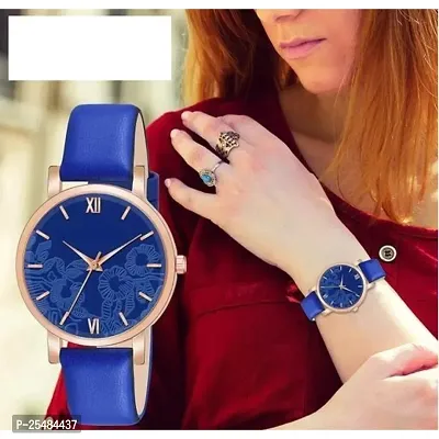 HRV Blue Leather Flower Pint Dial Analog Women and Girls Watch