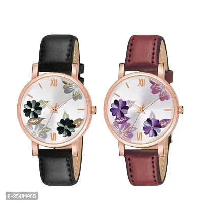 HRV Flower Dial Black and Brown Leather Belt Girls and Women Analog Watch