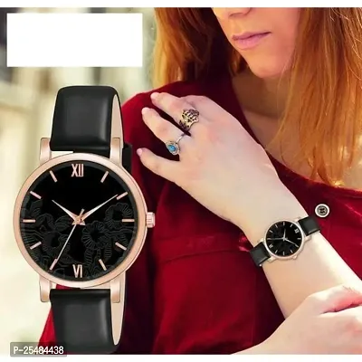 HRV Black Leather Flower Pint Dial Analog Women and Girls Watch