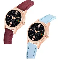 HRV Black Roman Dial Brown and SkyBlue Leather Belt Combo Women and Girls Watch-thumb1