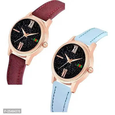 HRV Black Roman Dial Brown and SkyBlue Leather Belt Combo Women and Girls Watch-thumb2