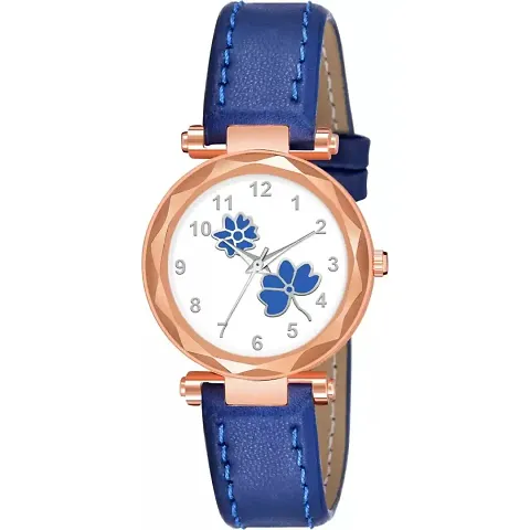 KIARVI GALLERY Analogue Flower Designer Dial Leather Strap Watch for Girls and Women(Black) (Blue)