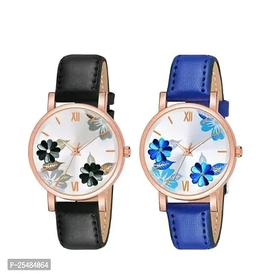 HRV Flower Dial Black and Blue Leather Belt Girls and Women Analog Watch