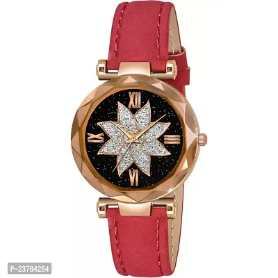 HRV Black Flower Dial Red Leather Belt Women Watch-thumb0