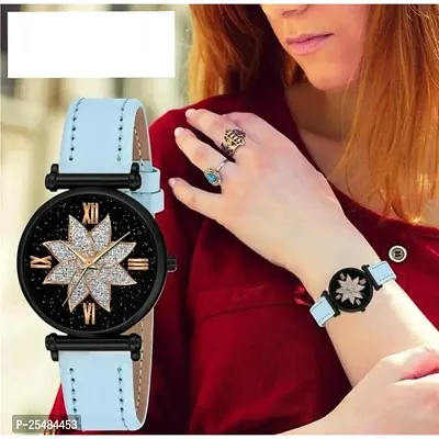 HRV Black Star Dial Rose Rl Cash Leather SkyBlue Belt Analog Women and Girls Watch