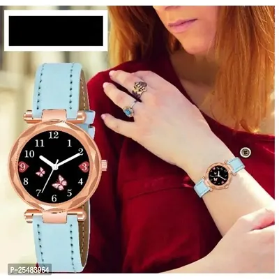 HRV Bty Black Dial Sky Blue Leather Belt Girls and Women Analog Watch