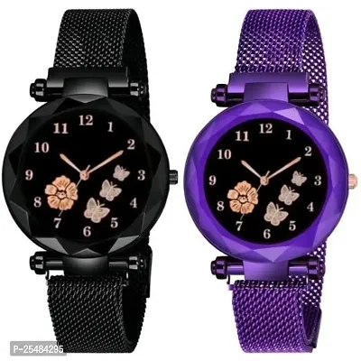 HRV Black And Purple Megnet Combo Analog Women and Girls Watch