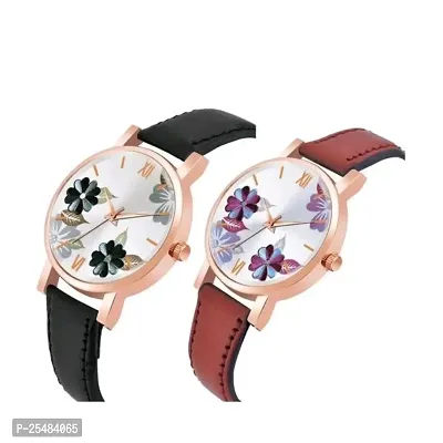 HRV Flower Dial Black and Brown Leather Belt Girls and Women Analog Watch-thumb2