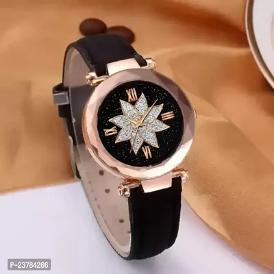 HRV Flower Designer Dial  Stylish Black Belt Wrist Women Watch-thumb0