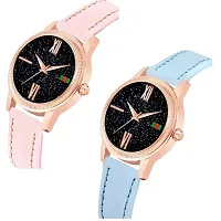 HRV Black Roman Dial Pink and SkyBlue Leather Belt Combo Women and Girls Watch-thumb1