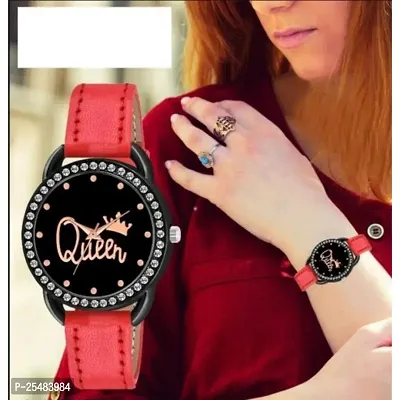 HRV Queen Dial Black Dimond Cash Red Leather Girls and Women Analog Watch