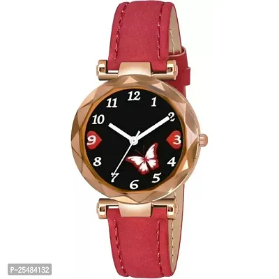 HRV Bty Black Dial Red Leadies Leather Belt Girls and Women Analog Watch