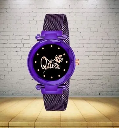 Queen Design Diamond Studded Dial Mesh Magnet Trap Watch For women/Girls