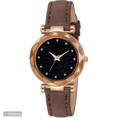 HRV Black 12 Diamond Dial Brown Leather Belt  Wrist Girls watch-thumb2