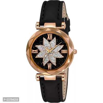 HRV Black Flower Dial Black Leather Belt Women Watch-thumb0