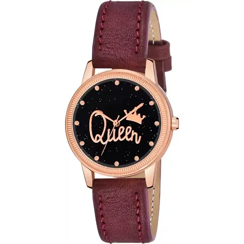 KIARVI GALLERY Clusal Analogue Queen Dial Unique Designer Leather Strap Watch for Girl's and Women's (Black)