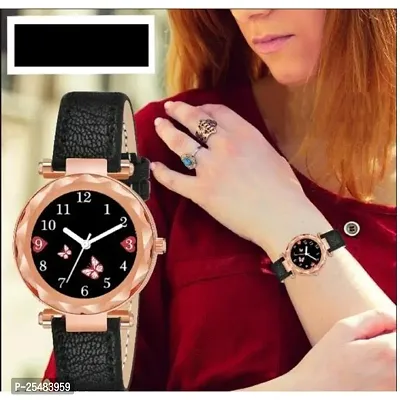 HRV Bty Black Dial Black Leather Belt Girls and Women Analog Watch