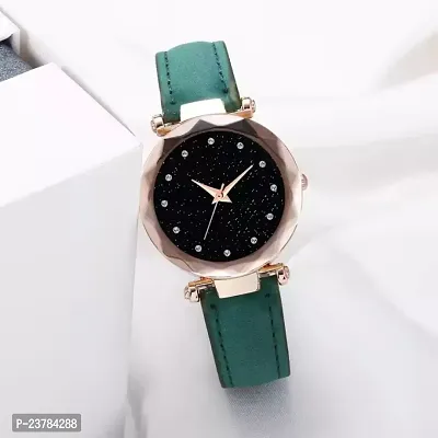 HRV Black 12 Diamond Dial Green Leather Belt  Wrist Girls watch