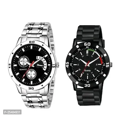 Bolun Silver Metal And Tri Black PU Men and Boys Watch-thumb0