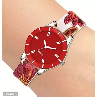 HRV UNIQUE ROUND RED DIAL LATHER WATCH FOR WOMEN-thumb0